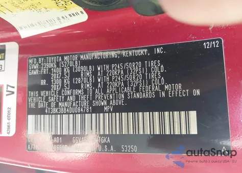 2013 Toyota Venza Limited V6 из США, поврежденный, VIN 4T3BK3BB4DU084781